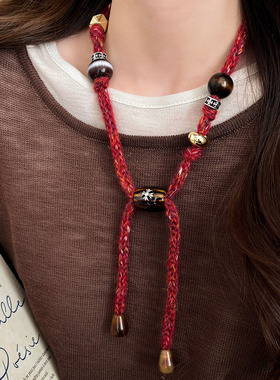安可拉红毛线针织项链女小众设计