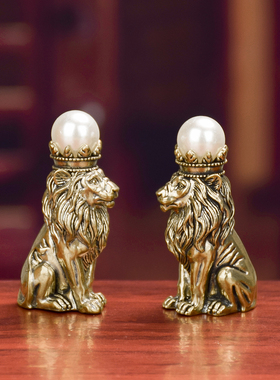 纯黄铜雄狮摆件复古皇冠珍珠狮子