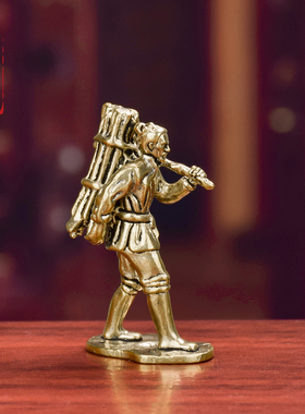 纯黄铜樵夫老头砍柴老人背柴摆件