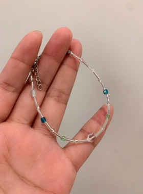精致小众可叠戴钛钢不锈钢湖水绿水晶银色细手链