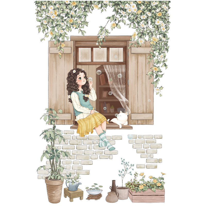 墙贴叶子窗台女孩猫咪小清新植物盆栽卧室温馨防水床头寝室装饰画,淘宝优惠券,粉丝福利购,淘宝优惠卷
