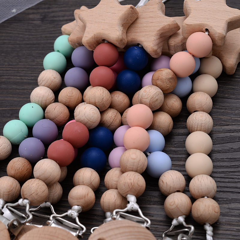 Beech Wood Chew Bead Pacifier Clips Chain Pentagram Dummy Ch - 图3