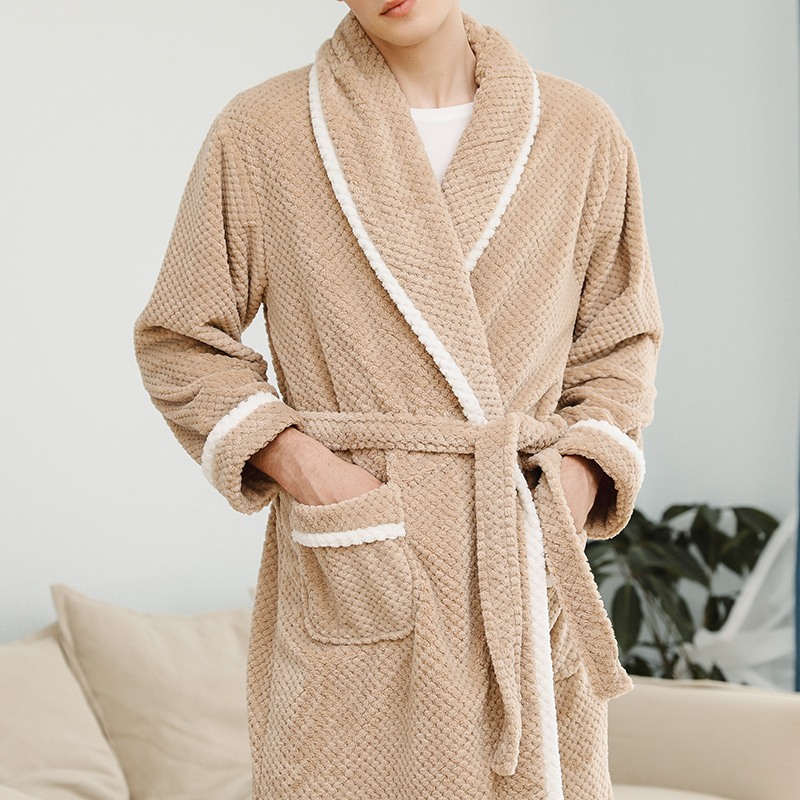 秋冬款珊瑚绒情侣睡袍男士法兰绒浴袍睡衣加长款女士冬季加厚浴衣 - 图1