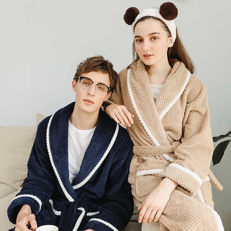 秋冬款珊瑚绒情侣睡袍男士法兰绒浴袍睡衣加长款女士冬季加厚浴衣 - 图2