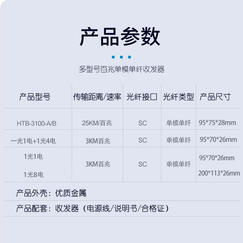 光纤收发器百兆单模单纤NetLink HTB-3100-A/B光电转换器1光1电+1光4电8电SC口外置电源3/25KM一对 - 图1