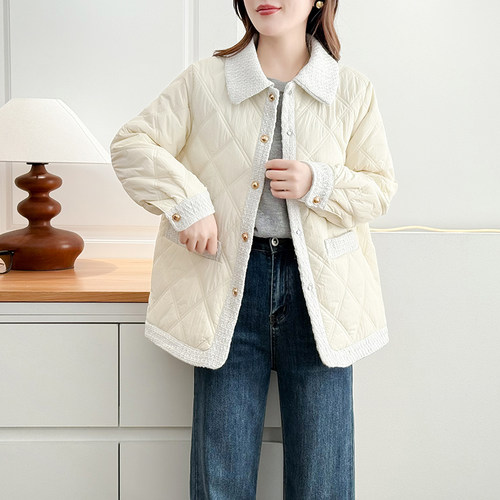 胖mm大码小香风翻领菱格棉服外套女秋冬轻薄款棉衣宽松显瘦200斤 - 图1