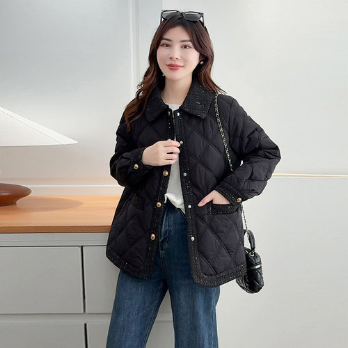 胖mm大码小香风翻领菱格棉服外套女秋冬轻薄款棉衣宽松显瘦200斤 - 图2