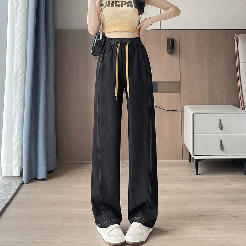 天丝牛仔直筒裤女夏大码胖mm显瘦窄版阔腿裤200斤松紧高腰拖地裤 - 图3