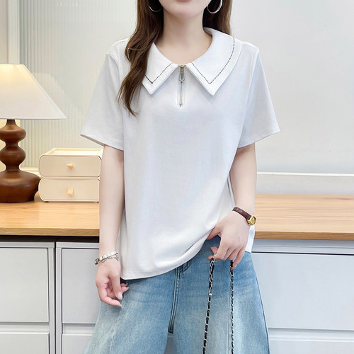大码POLO领拉链短袖T恤女夏季新款时尚百搭显瘦遮肉胖MM上衣200斤 - 图2