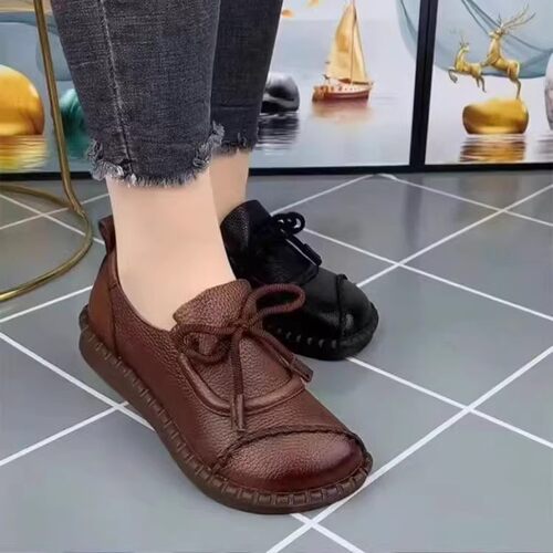 品牌撤柜真皮牛筋软底单鞋女复古秋冬软底防滑圆头舒适中老年女鞋 - 图0