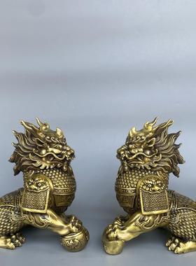 铜财富麒麟一对招财家居门厅摆件