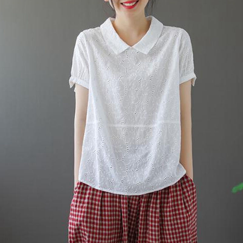 棉麻娃娃领短袖T恤女2023年夏季大码宽松显瘦遮肚镂空设计感小衫-图0