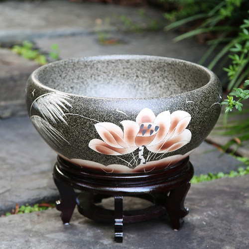 阳台桌面陶瓷金鱼缸荷花缸睡莲花盆水培古法水浅笔洗茶洗铜钱草盆 - 图0