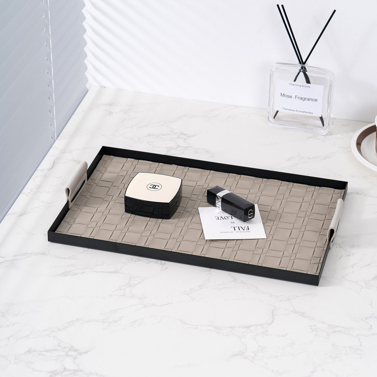 轻奢皮革纹编织纹金属香薰托盘桌面化妆品玄关钥匙收纳盘软装饰品,淘宝优惠券,粉丝福利购,淘宝优惠卷