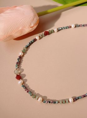 新款天然石红虎眼淡水珍珠手工串珠项链女时尚简约通勤OL百搭颈链