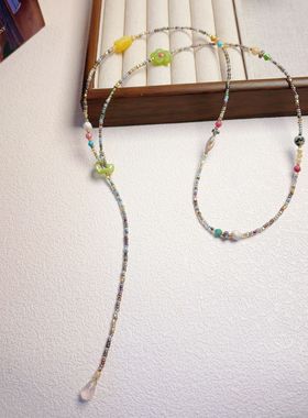 原创新中式串珠长项链亚克力小花小众甜美文艺复古极细串珠毛衣链