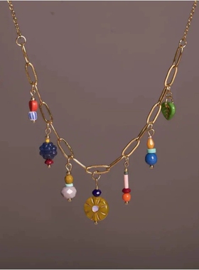 ins风多巴胺彩色多元素吊坠项链春夏度假风百搭时尚田园风锁骨链
