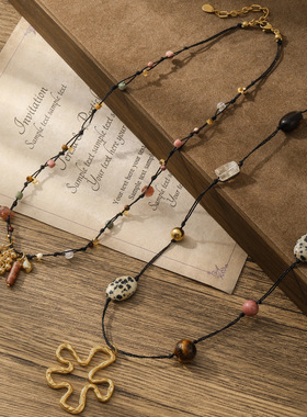 复古手工编织绳串珠项链女小众设计民族风长款毛衣链叠戴氛围感