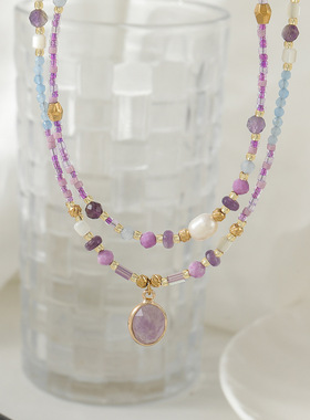 新款紫色天然石项链女串珠锁骨链法式轻奢叠戴小众设计颈链