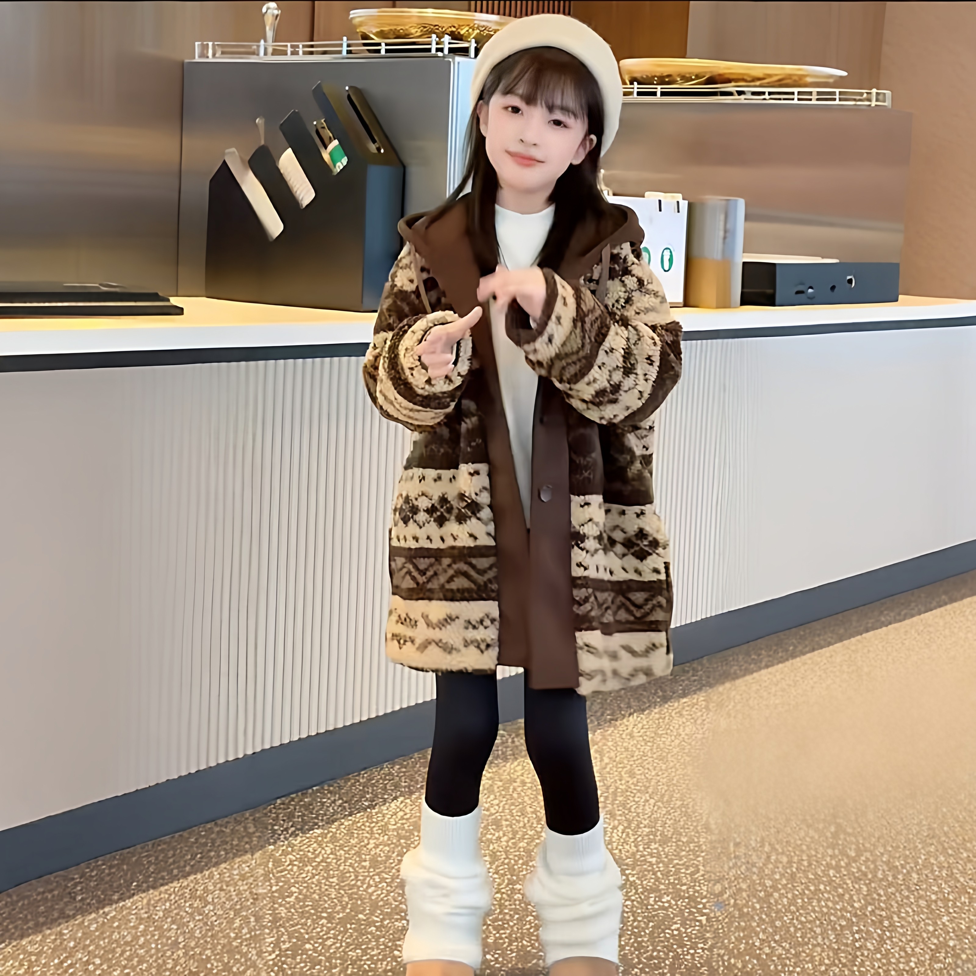 女童冬季加厚保暖中长款复古慵懒风洋气费尔岛羊羔毛连帽棉服外套,淘宝优惠券,粉丝福利购,淘宝优惠卷