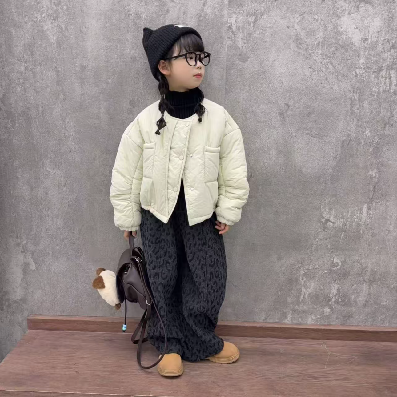 潮酷女童韩范短款圆领面包棉服外套加绒豹纹裤时尚百搭超洋气套装,淘宝优惠券,粉丝福利购,淘宝优惠卷