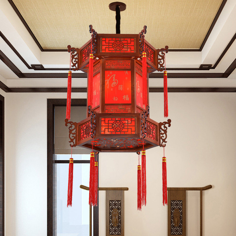 中式复古实木宫灯仿古羊皮吊灯宫廷别墅酒店寺庙长廊亭子六角灯笼_虎窝淘