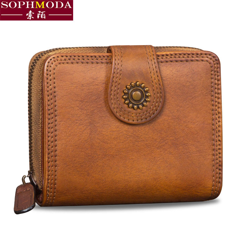 复古头层牛皮女士手工短款拉链钱夹 sophmoda钱包