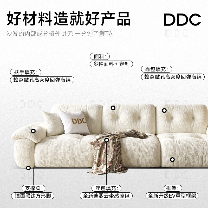 DDC奶油风棉花糖可调节靠背坐深雪尼尔绒客厅布艺沙发小户型,淘宝优惠券,粉丝福利购,淘宝优惠卷