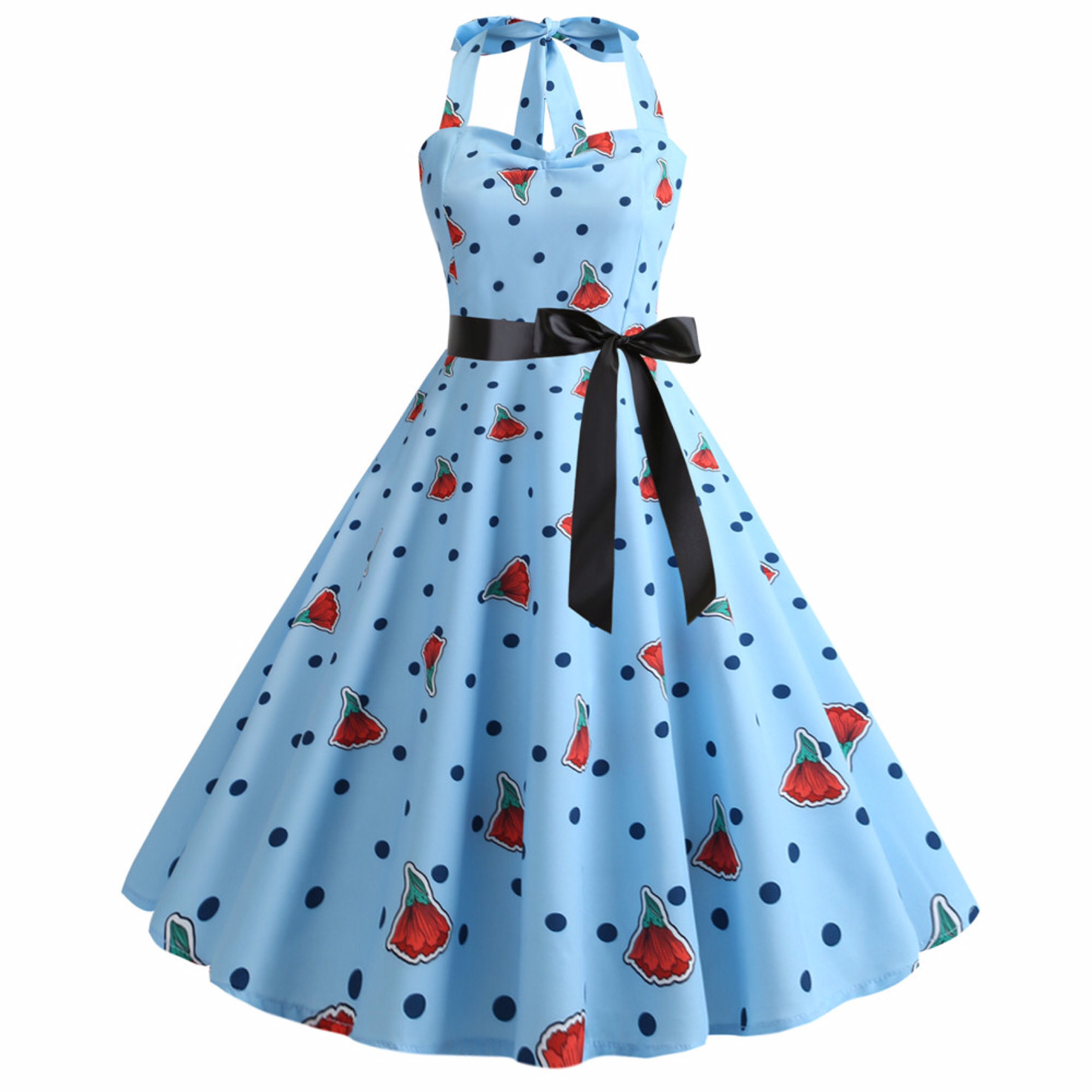 赫本风复古气质50年代少女感挂脖印花收腰显瘦大摆度假性感连衣裙,淘宝优惠券,粉丝福利购,淘宝优惠卷