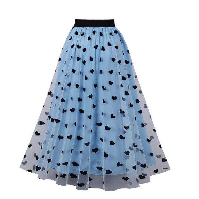 French Retro Fairy Commuting Slim Versatile Printed Large Size High Waist Medium Long Swing A Line Mesh Skirt for Women