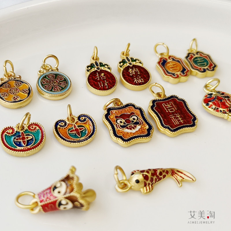 SJ39沙金滴油老虎如意锁锦鲤铃铛烧蓝吊坠编织手绳DIY挂配件 铜镀,淘宝优惠券,粉丝福利购,淘宝优惠卷