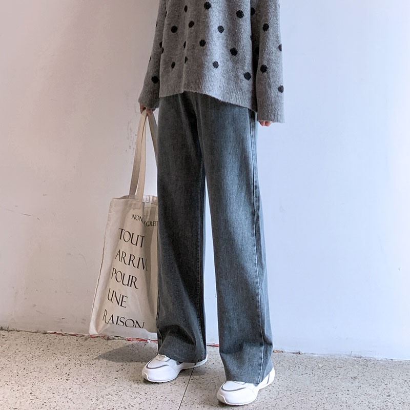 南极人吉喆专卖店牛仔阔腿裤女裤年新款春秋冬季高腰垂感宽松显瘦直筒拖地裤子0