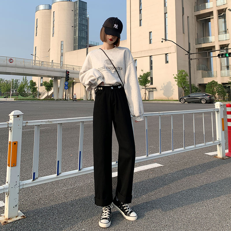 南极人吉喆专卖店牛仔阔腿裤女春季2022年新款春秋高腰设计感小众宽松小个子直筒裤0