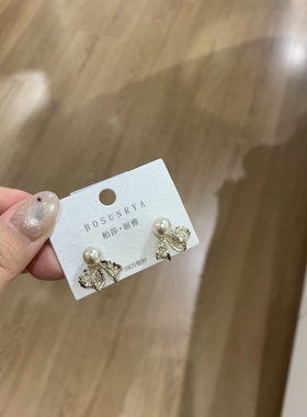 韩系小众复古气质咖金珍珠耳饰耳钉氛围感甜美蕾丝蝴蝶结耳坠银针