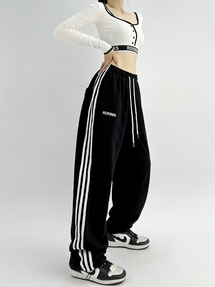 ROKBBK-K/布韩街舞潮牌三条杠运动裤女爵士舞嘻哈阔腿裤jazz宽松 - 图2