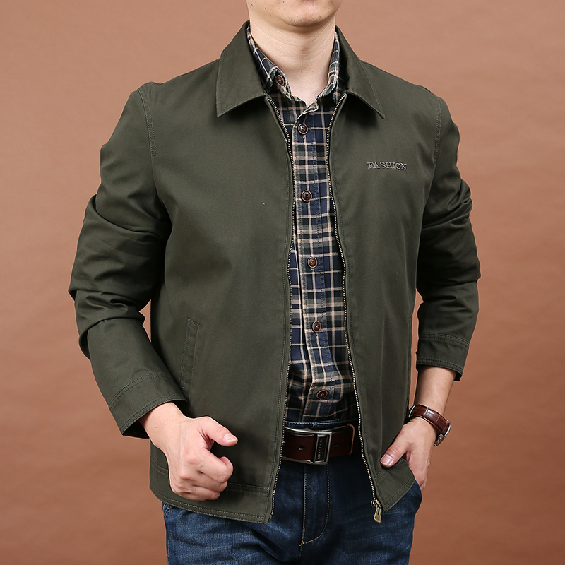 春季时尚舒适休闲纯棉外套男翻领夹克衫男胖子大码宽松上衣褂子潮