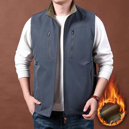 秋加绒双面穿马甲男户外运动抓绒背心多袋工装马夹摇粒绒外1215u