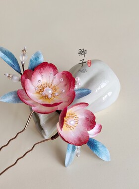 『映笼纱』卿子手作原创设计非遗绒花发饰山茶花红色发钗古风发簪