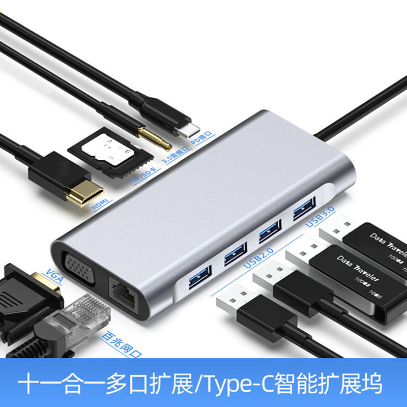 11合一拓展坞type-c扩展器HDMI/vga转接插头百兆网口转换接口头hub3.0接头可插sd卡/pd/音频接口电脑手机平板 - 图0