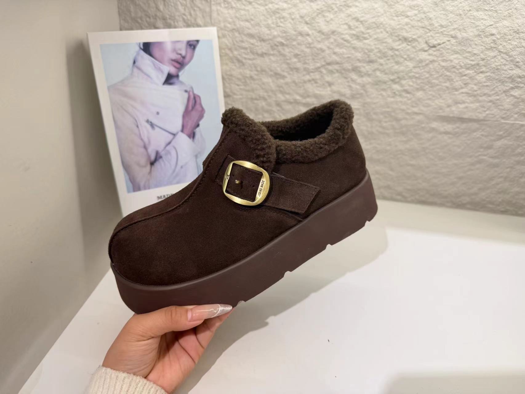 米新款2025冬款真皮厚底加绒勃肯鞋豆豆鞋时尚休闲保暖雪地靴女鞋 - 图2