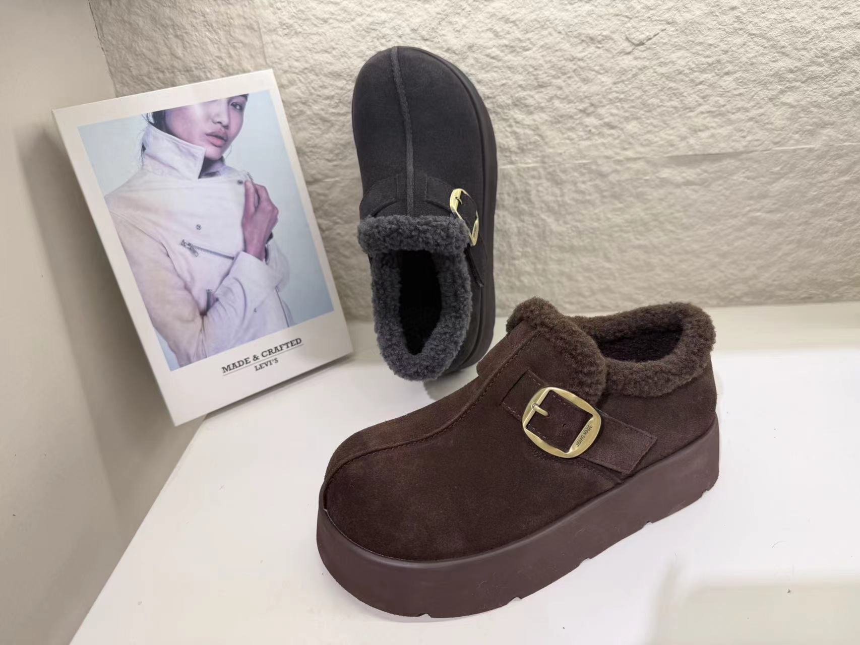 米新款2025冬款真皮厚底加绒勃肯鞋豆豆鞋时尚休闲保暖雪地靴女鞋 - 图3