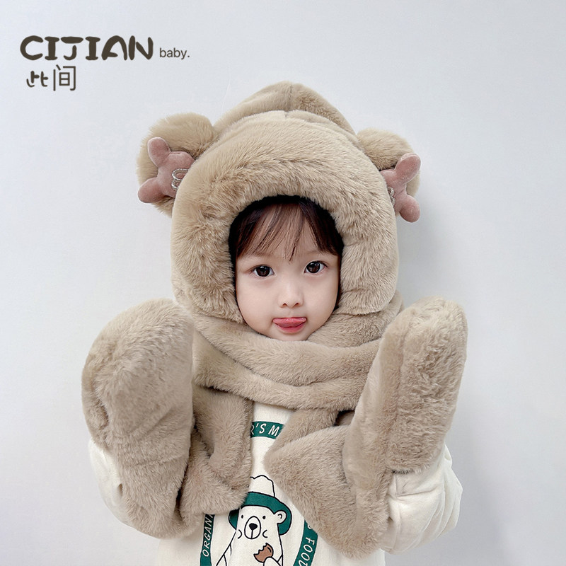 儿童帽子围巾手套三件套冬季加厚男宝宝围脖一体帽女童保暖防风帽,淘宝优惠券,粉丝福利购,淘宝优惠卷