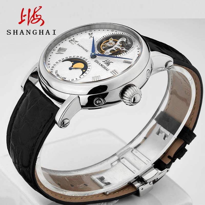 上海牌陀飞轮机械表男表精钢商务休闲鳄鱼皮国产陀飞轮正品018