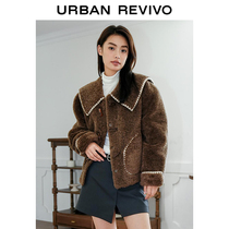 UR2023 autumn winter new womens clothing retro style Lazy Wind Texture Horn Buttons Flip collar plush jacket UWL130062