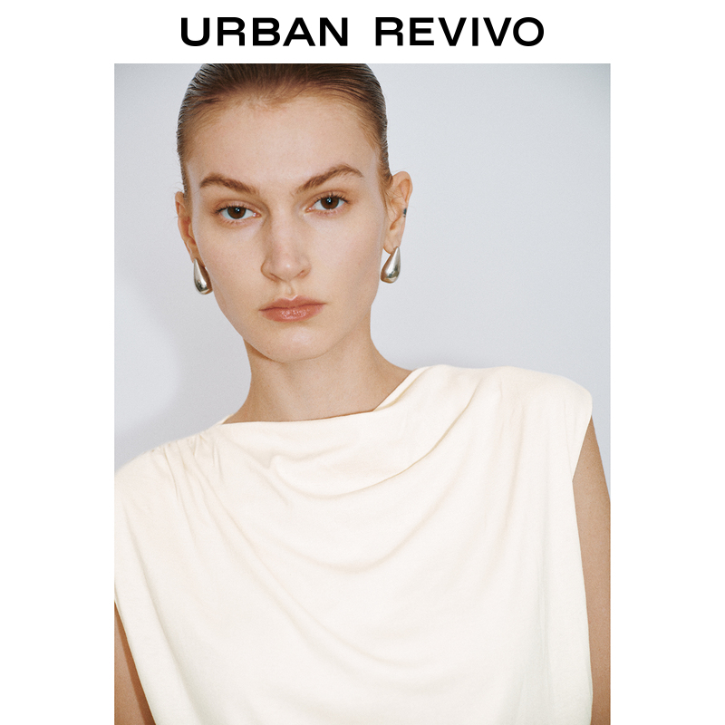 UR2024夏季新款女装法式优雅气质褶皱荡领修身无袖T恤UWG440052 - 图3