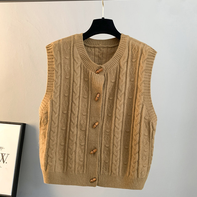 Round neck horn button casual twist knitted cardigan vest