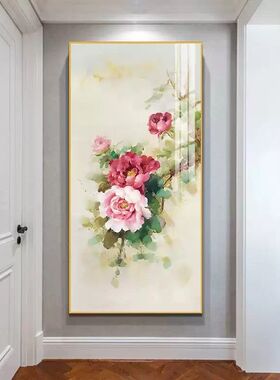 牡丹花入户玄关装饰画竖版新中式走廊过道挂画花开富贵客厅壁画