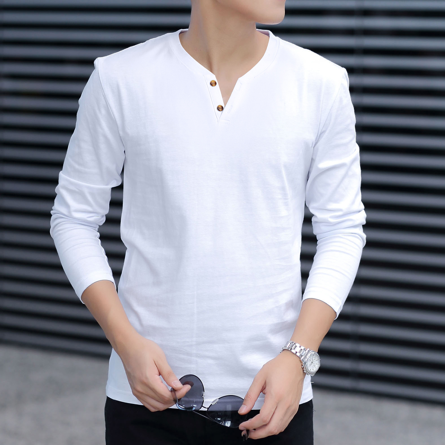 秋季纯棉长袖T恤男装韩版扣子款内搭V领宽松打底衫上衣服半恤潮流 - 图2