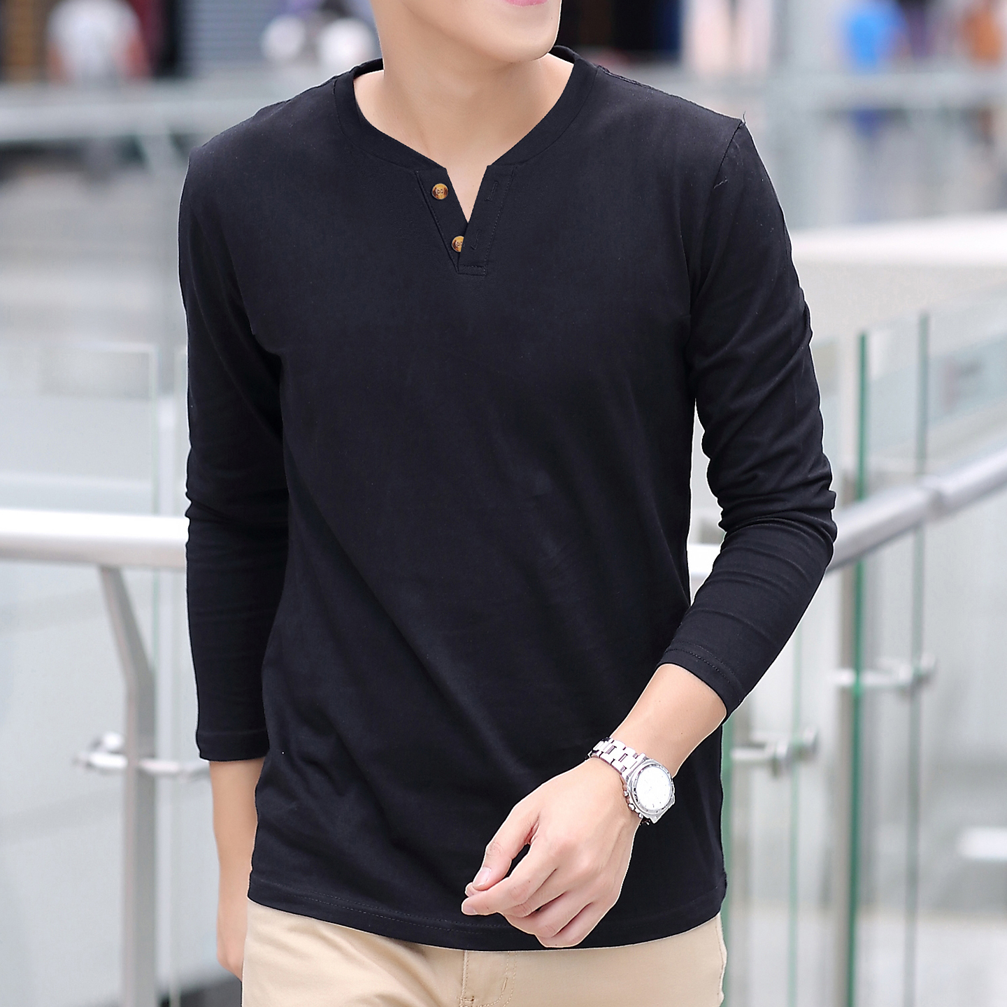 秋季纯棉长袖T恤男装韩版扣子款内搭V领宽松打底衫上衣服半恤潮流 - 图3