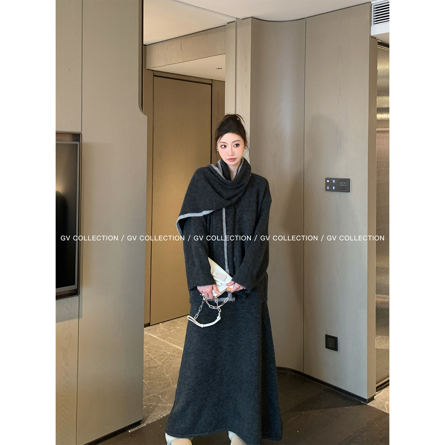 GV大白哥 枫棕落日 带围巾V领针织毛衣开衫半身裙套装春季新款女,淘宝优惠券,粉丝福利购,淘宝优惠卷